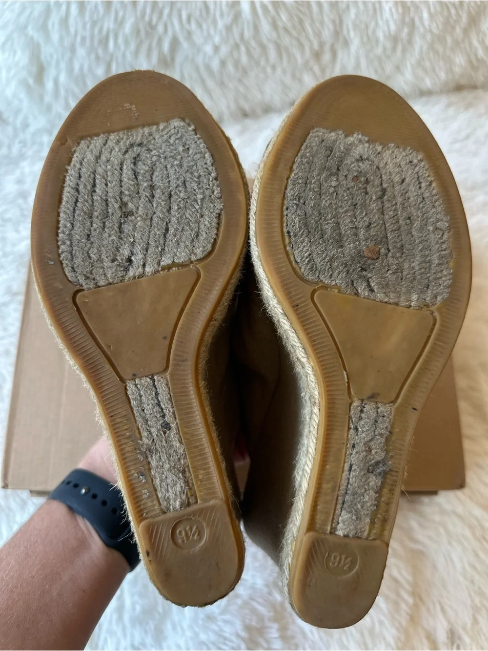 Tory Burch Agatha Canvas Espadrille Wedge Mule Sandals Tan Size 9.5 Peep Toe